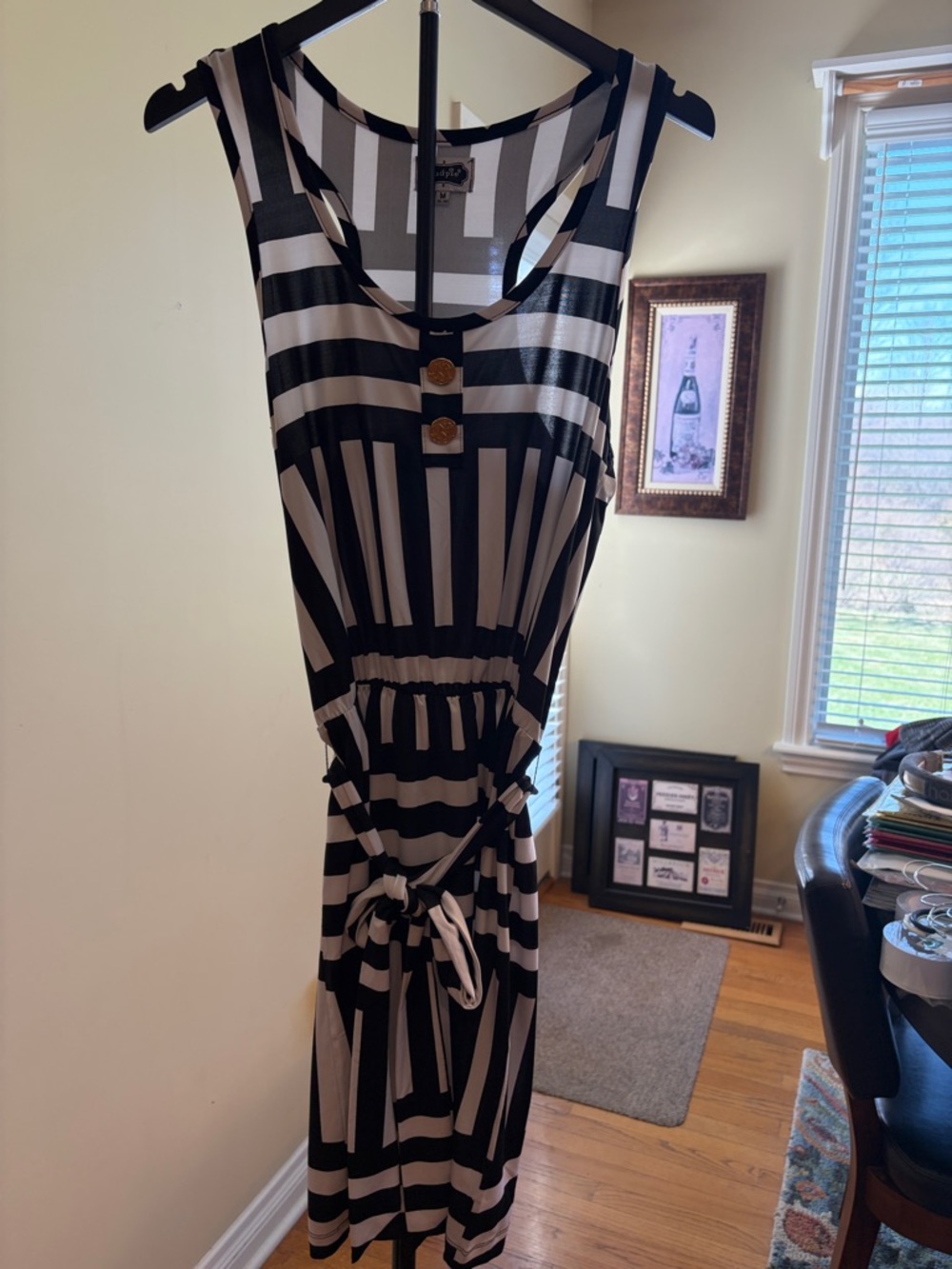 Mud Pie Black and Cream Striped Sleeveless Midi Dress
